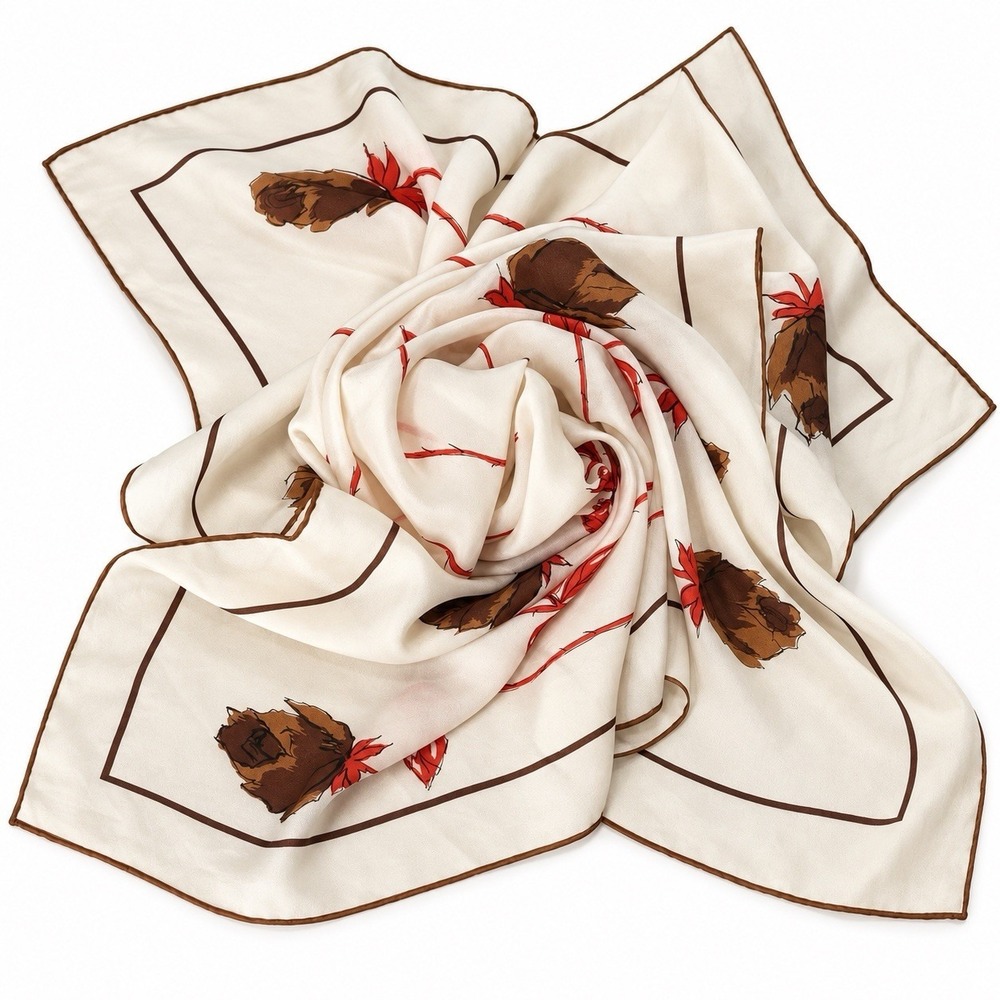 Vintage Glentex Japan Silk Scarf 30" Square Ivory Brown Red Rose Hand Rolled